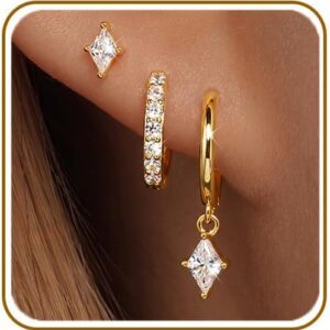 3 Pairs 925 Sterling Silver Colored CZ Hoop Earrings