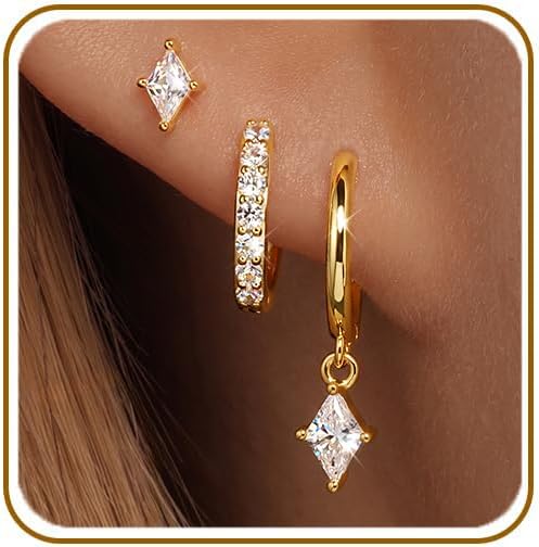 3 Pairs 925 Sterling Silver Colored CZ Hoop Earrings