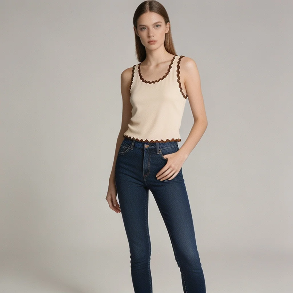 Scalloped Trim Tank – Cream Brown - Image 3