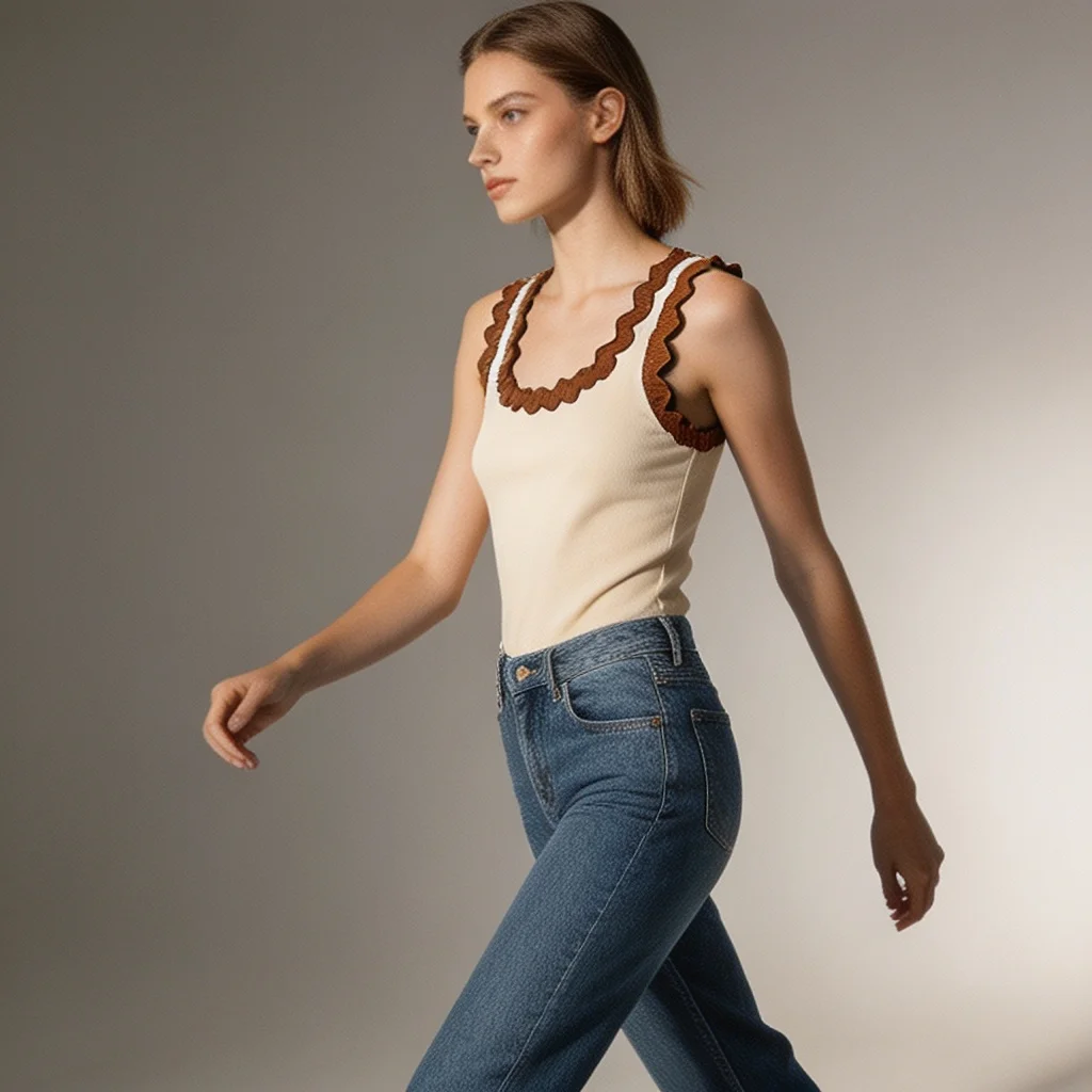Scalloped Trim Tank – Cream Brown - Image 2